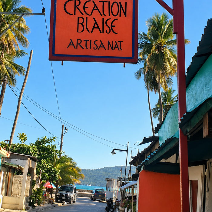 Enseigne de l'atelier Création Blaise Artisanat, rue de Jacmel face à la merÉmilien Blaise