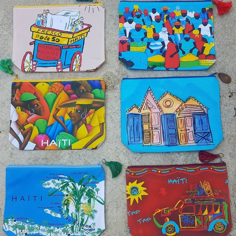 Pochettes Sandilou : fresco, marché, tap-tap, carte d’Haïti et maisons gingerbreadSandilou