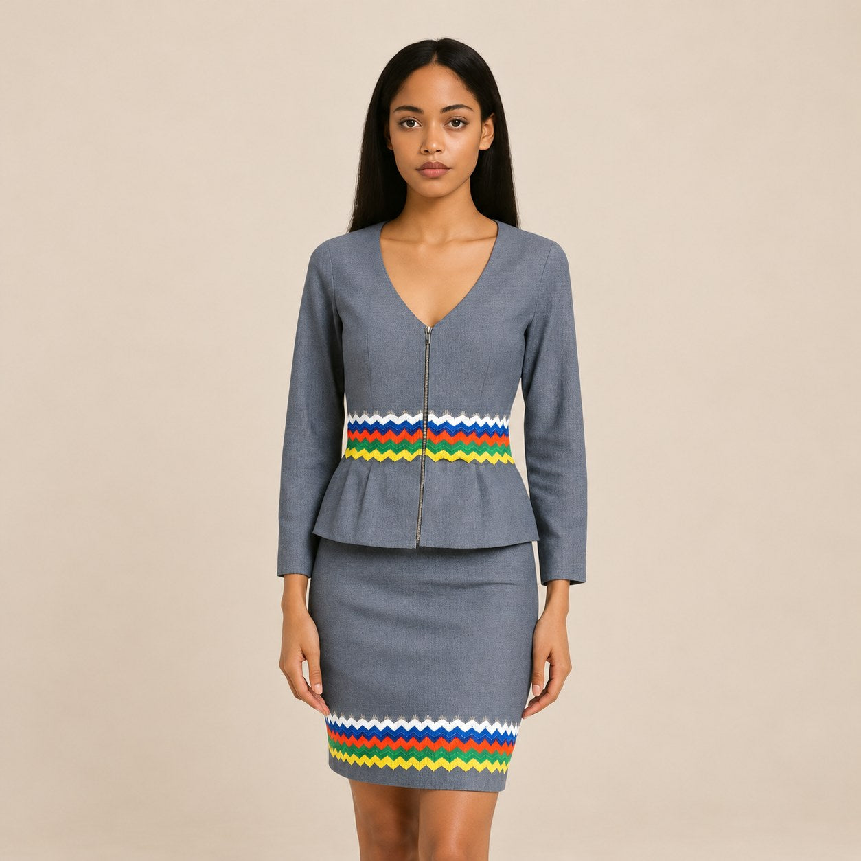 Ensemble Karabela Yaya, blouse et jupe en coton gris-bleu
