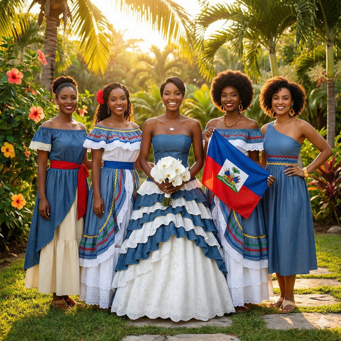 Groupe de femmes haïtiennes portant la robe traditionnelle Karabela bleue et blanche pour mariage et cortège Kisqueya.
