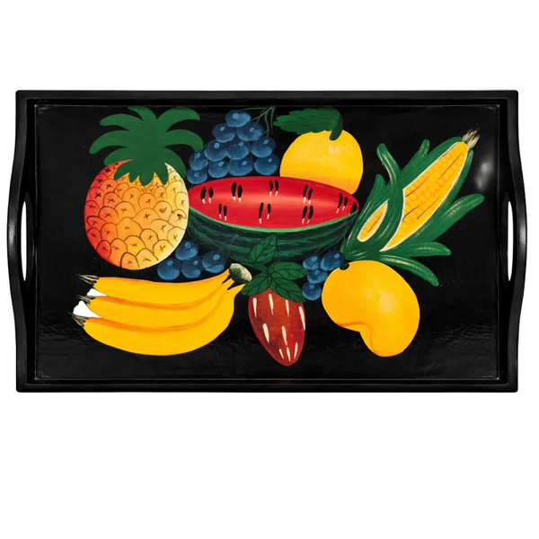 Plateau de service artisanal haïtien peint à la main noir laqué Maison Kisqueya 1