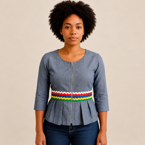 Blouse Karabela Yaya en coton gris-bleu et galon rikrak multicolore, Maison Kisqueya