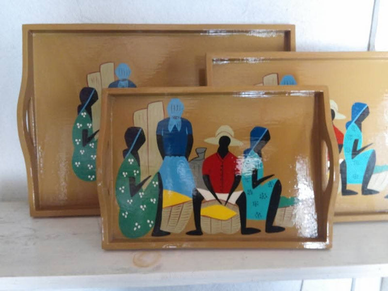 Plateaux peints à la main par Émilien Blaise, scène de marchéÉmilien Blaise