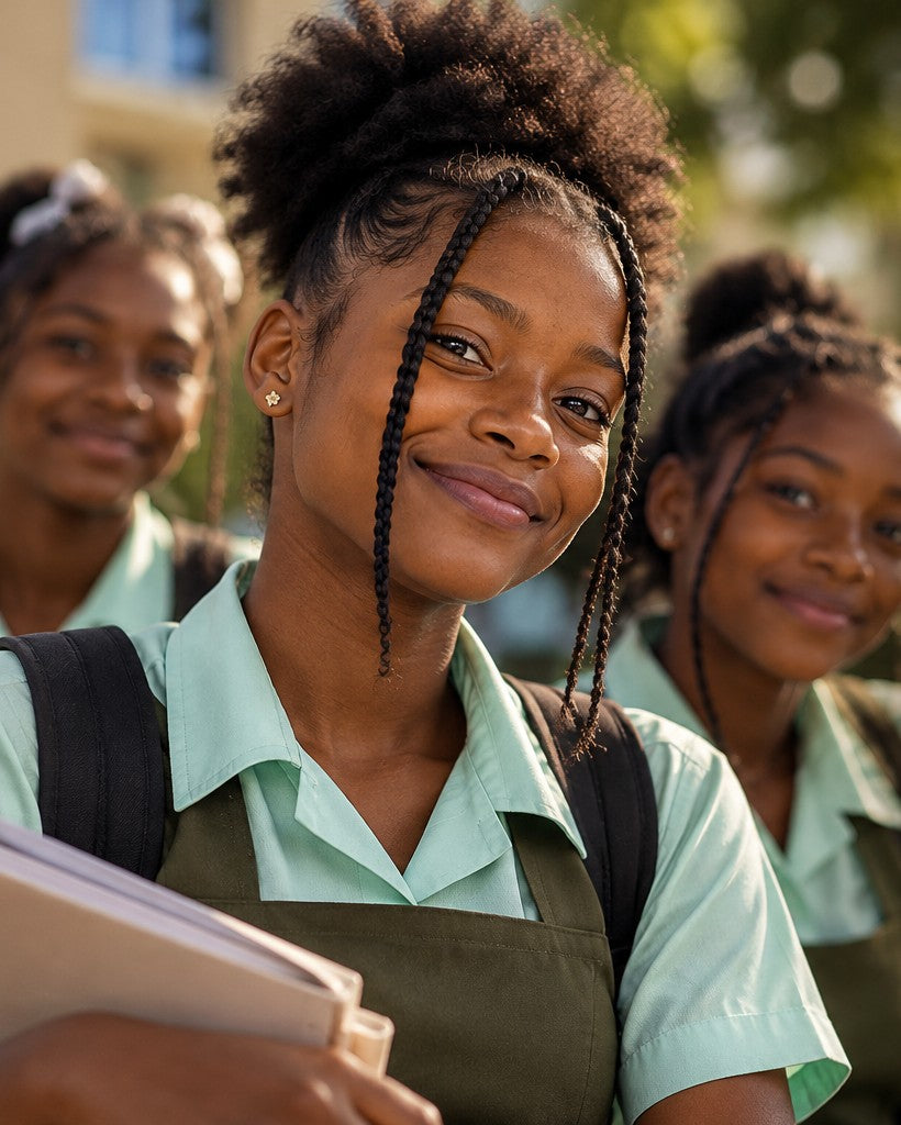 Trois jeunes filles en uniforme scolaire, souriantes (image d'illustration)
