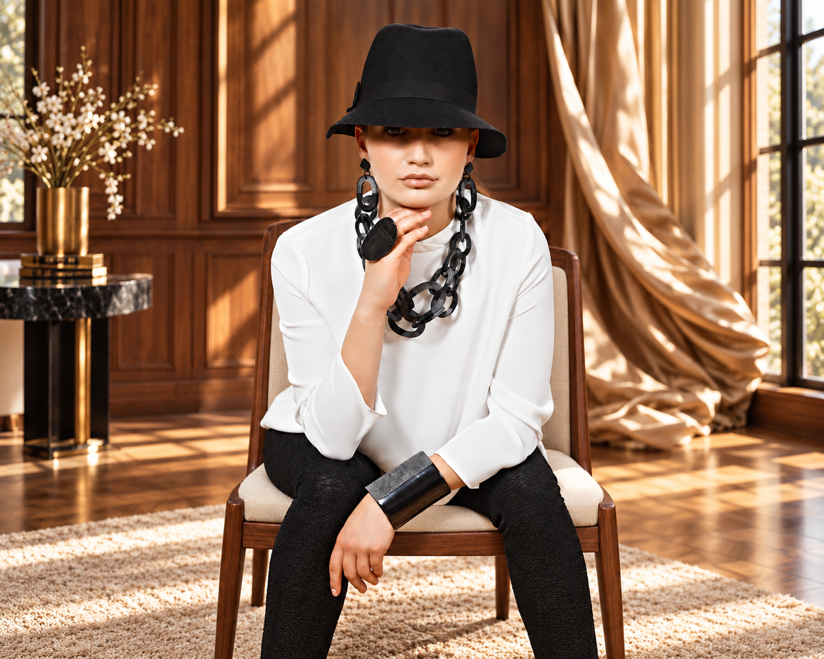 Bijoux en corne noire, chapeau et chemisier blanc — Maison Kisqueya