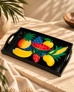 Plateau de service Héritage laqué noir, fruits tropicaux peints à la main par Émilien Blaise