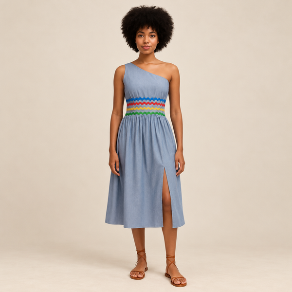 Robe asymétrique Karabela Itiba en chambray gris-bleu, Maison Kisqueya