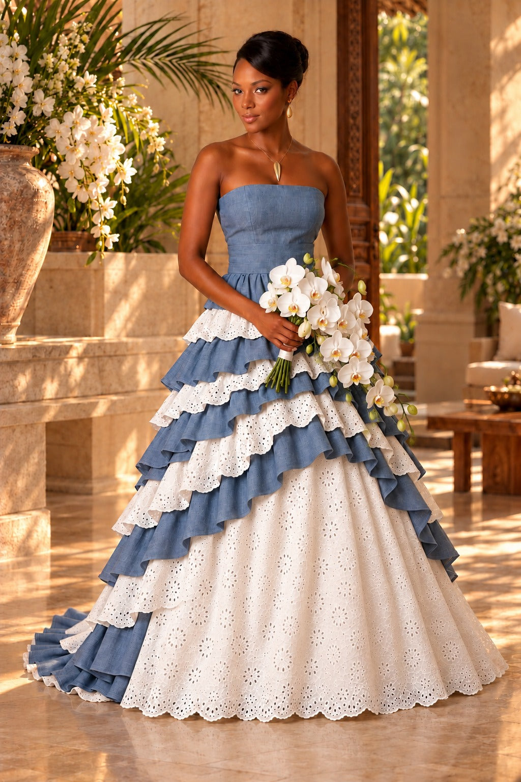Robe Karabela longue à volants en denim et broderie anglaise avec bouquet d’orchidées blanches, Maison Kisqueya