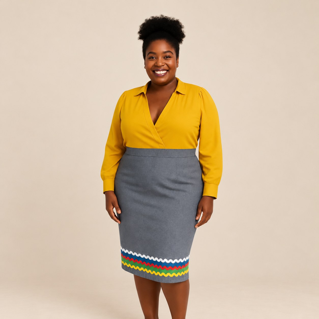 Jupe Karabela Yaya taille haute en coton gris-bleu et galon rikrak