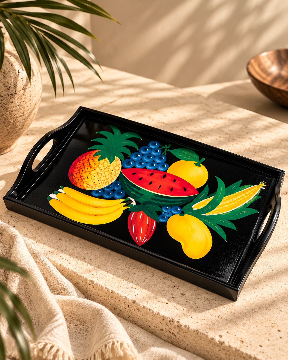 Plateau de service Héritage laqué noir, fruits tropicaux peints à la main par Émilien Blaise
