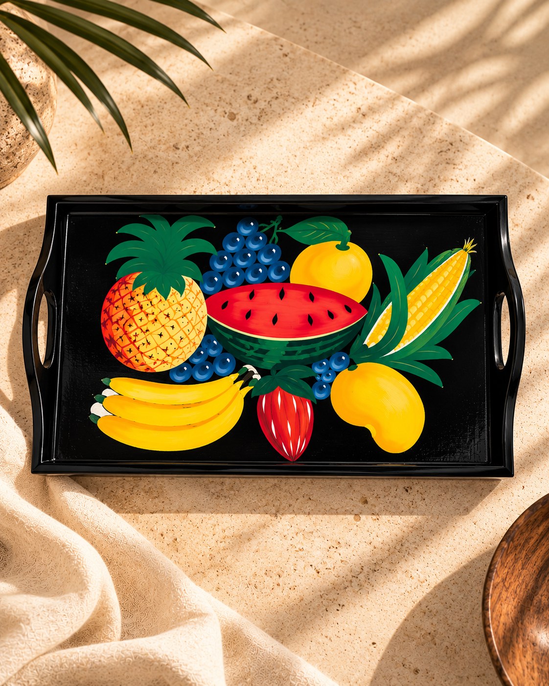 Plateau Héritage vu de face : ananas, pastèque, bananes, maïs et mangue peints à la main
